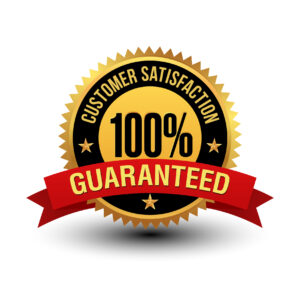 Powerful 100% customer satisfaction guaranteed badge with red ribbon.
